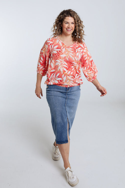 Blouse van viscose met bladerenprint-Paprika-9