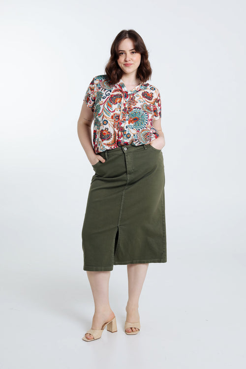 Halflange, effen rok met split vooraan-Paprika-8