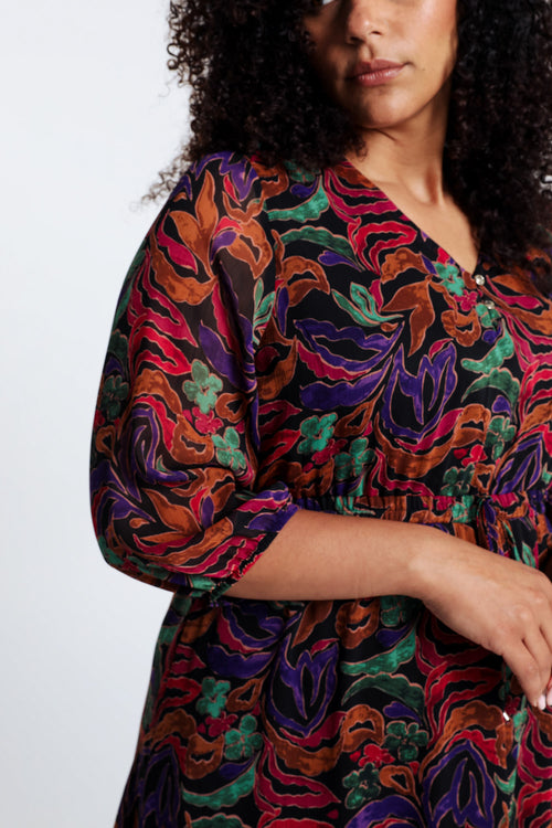 Halflange jurk in voile met print-Paprika-5