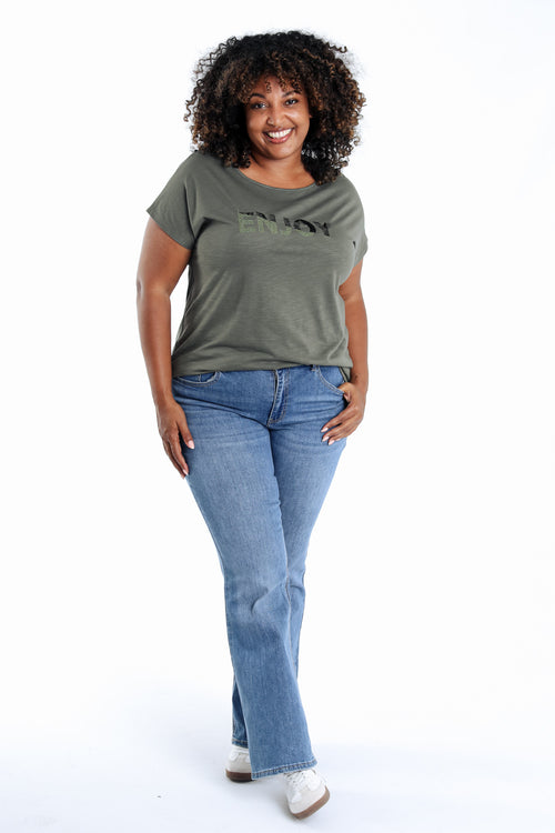 Effen katoenen T-shirt Enjoy met pailletten-Paprika-9