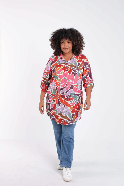 Lange blouse in viscose met bloemenprint-Paprika-8