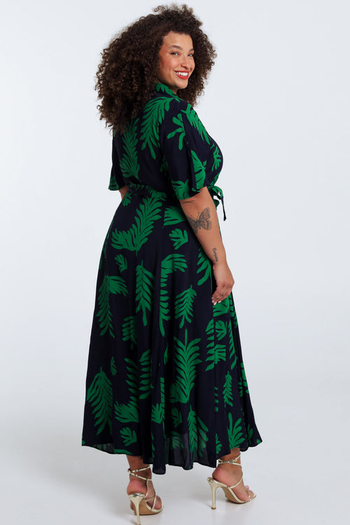 Lange jurk van viscose met bladerenprint-Paprika-2
