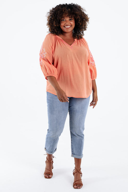 Effen katoenen blouse met borduursels-Paprika-7