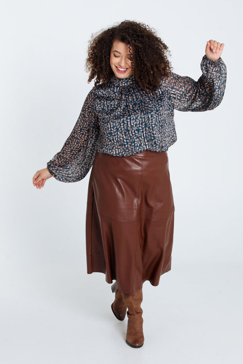 Halflange, effen rok in imitatieleer-Paprika-10