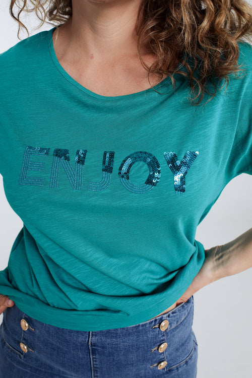 T-shirt uni avec broderie Enjoy et sequins-Paprika-5