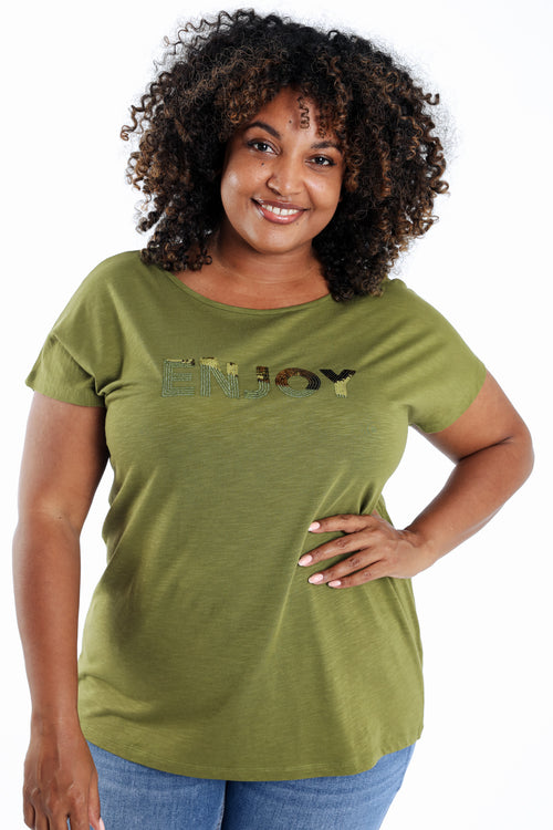 Effen katoenen T-shirt Enjoy met pailletten-Paprika-1