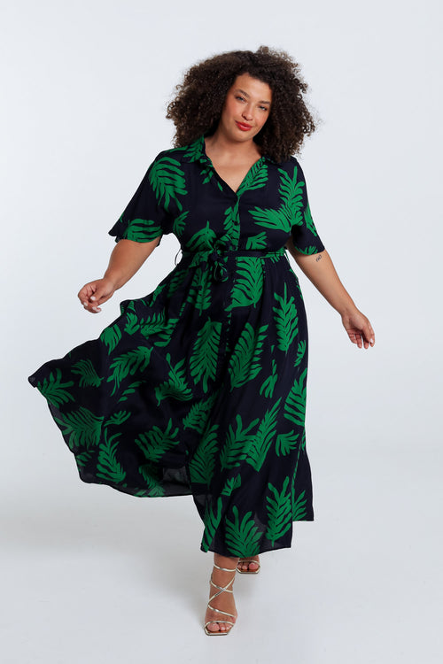 Lange jurk van viscose met bladerenprint-Paprika-7