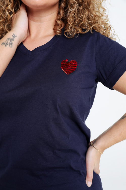 Effen katoenen T-shirt met hart van pailletten-Paprika-4