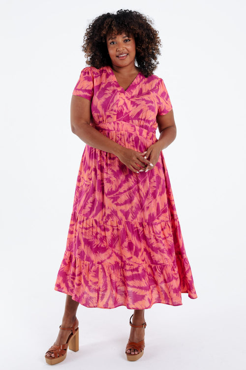 Lange jurk van viscose met bladerenprint-Paprika-1