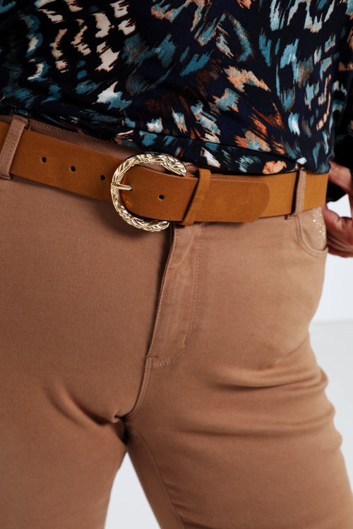 Effen flare broek met riem-Paprika-6