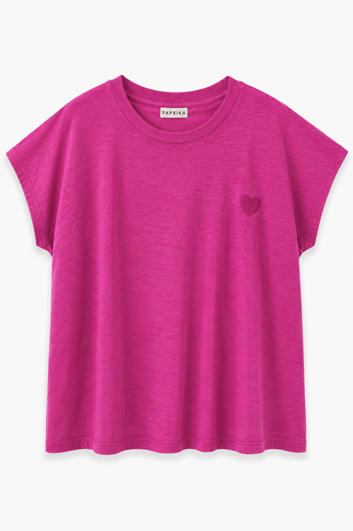 T-shirt van effen textuurkatoen met geborduurd hart-Paprika-1
