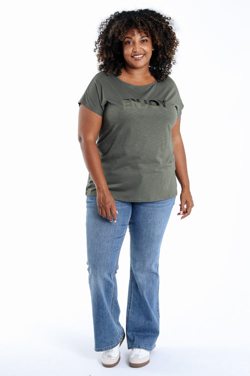 Effen katoenen T-shirt Enjoy met pailletten-Paprika-7