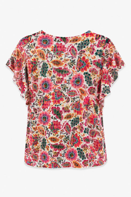 T-shirt van kant met print van Indiase bloemen-Paprika-13