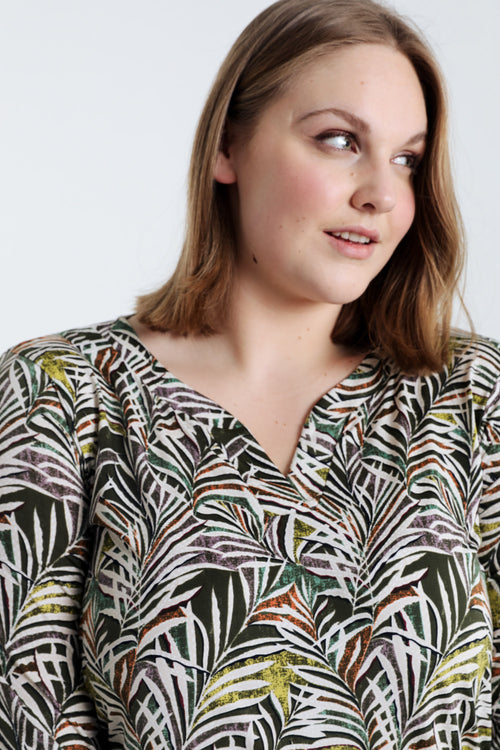  T-shirt van koel breiwerk met bladdessin-Paprika-5