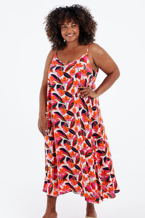 Lange jurk van viscose met dunne bandjes en een bloemenprint-Paprika-2