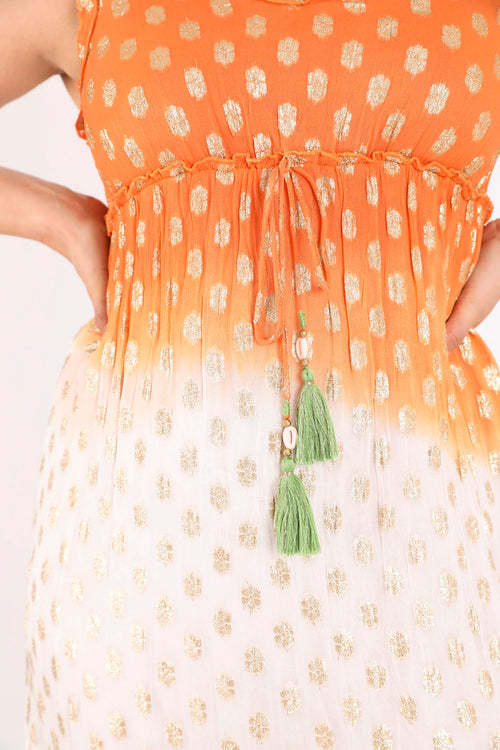 Lange jurk met kleurverloop en folieprint-Paprika-4
