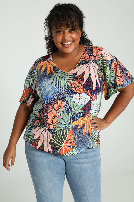 bovenstaand Post impressionisme abortus T-shirt met Hawai print en vlindermouwen - Koraal